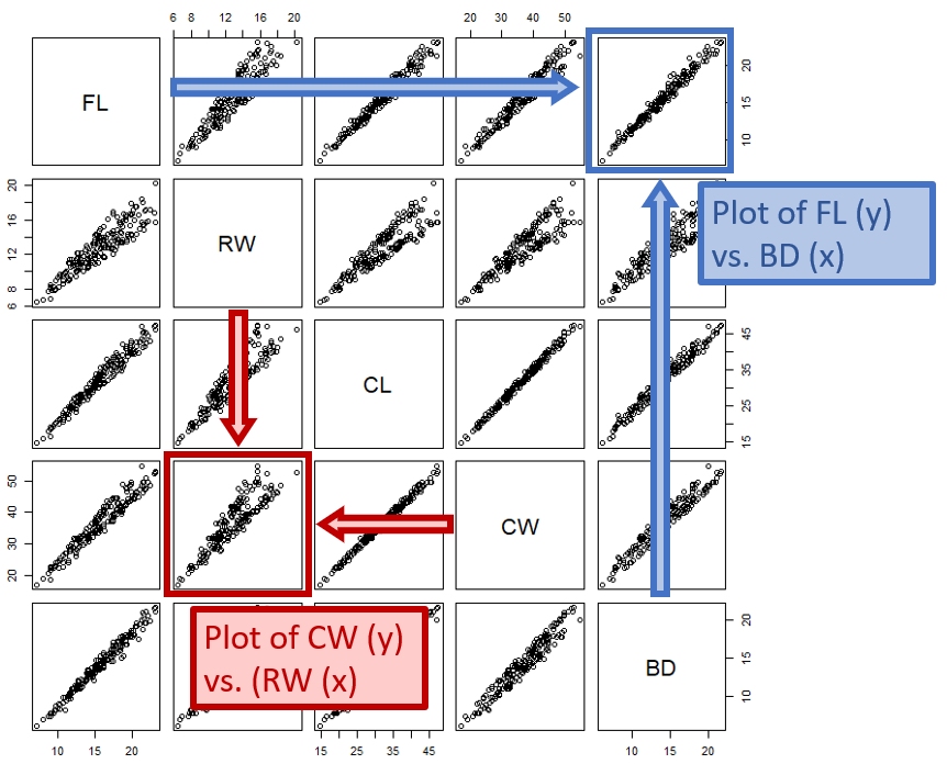 How to read a scatterplot matrix produced by pairs(). Each panel plots the variable in its row against the variable in its column.