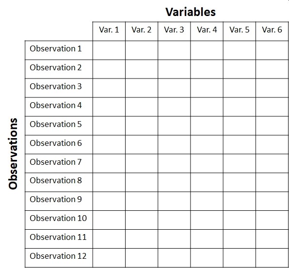 Structure of a typical biological dataset. Observations are stored on rows, and variables that describe those observations are stored in columns. All information about an observation is contained in 1 row. All observations of one variable are contained in 1 column.
