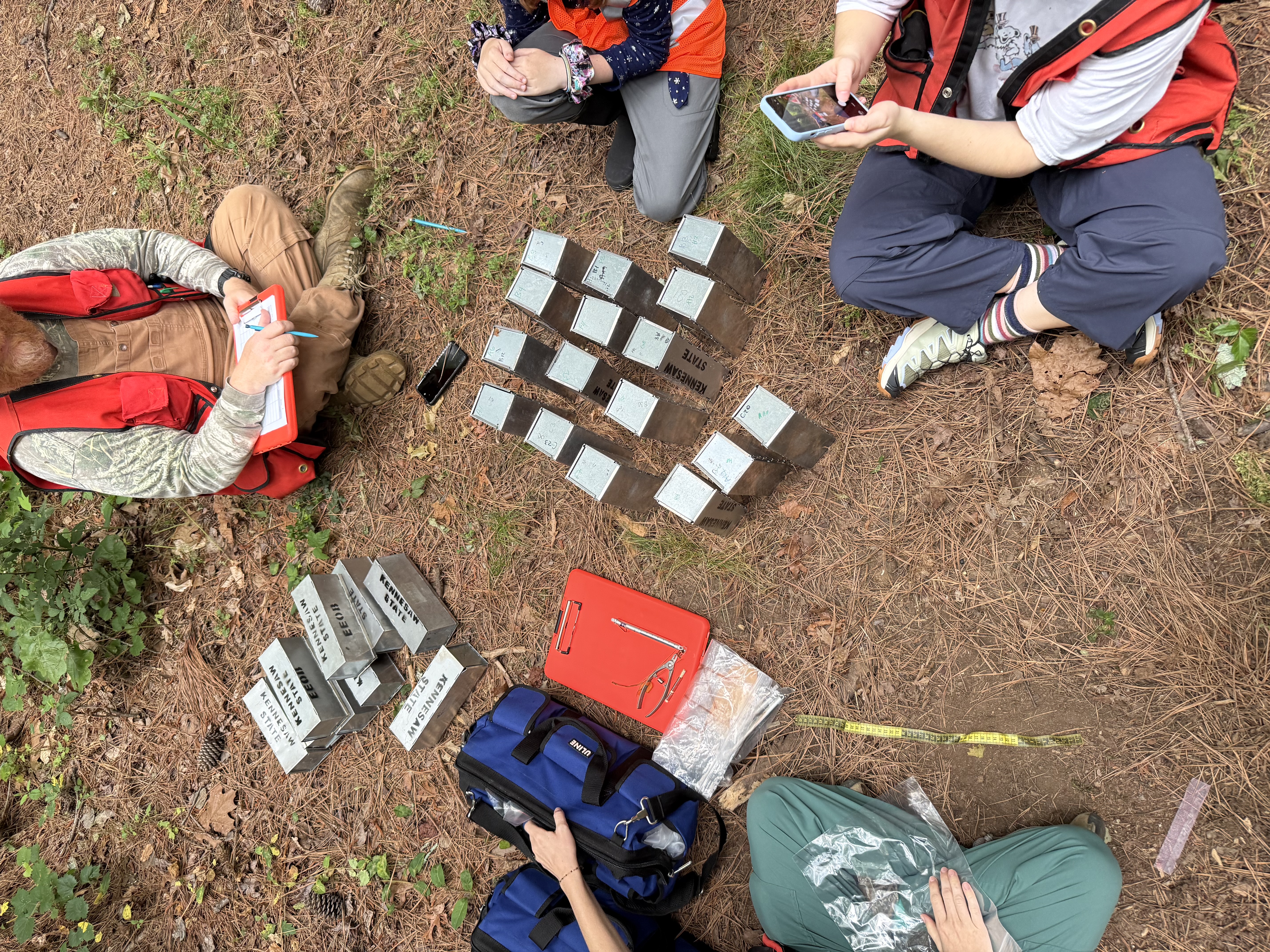 Three people sitting on the ground with Sherman traps handling small mammals.